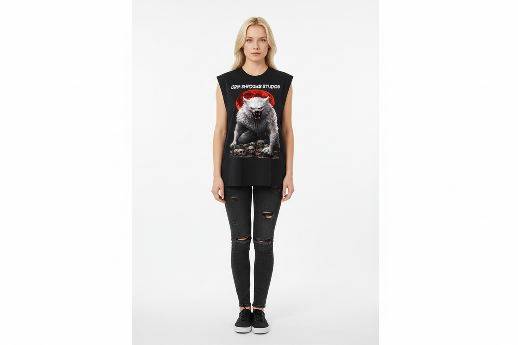White female wearing WHITE WOLF BLOOD MOON tank top
