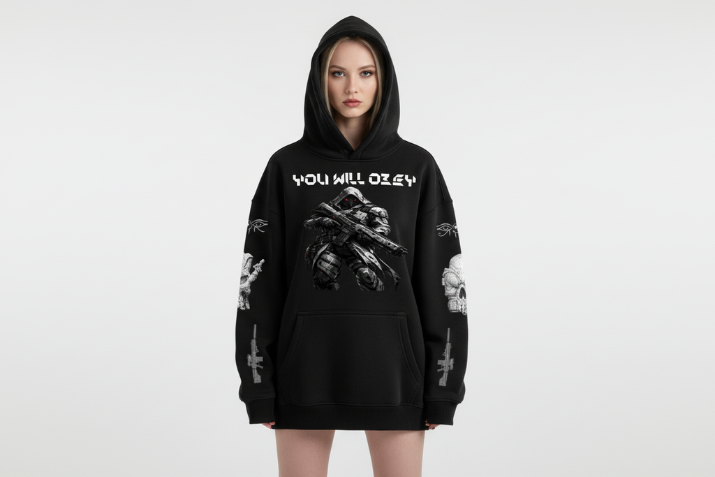 White female wearing YOU WILL OBEY hoodie