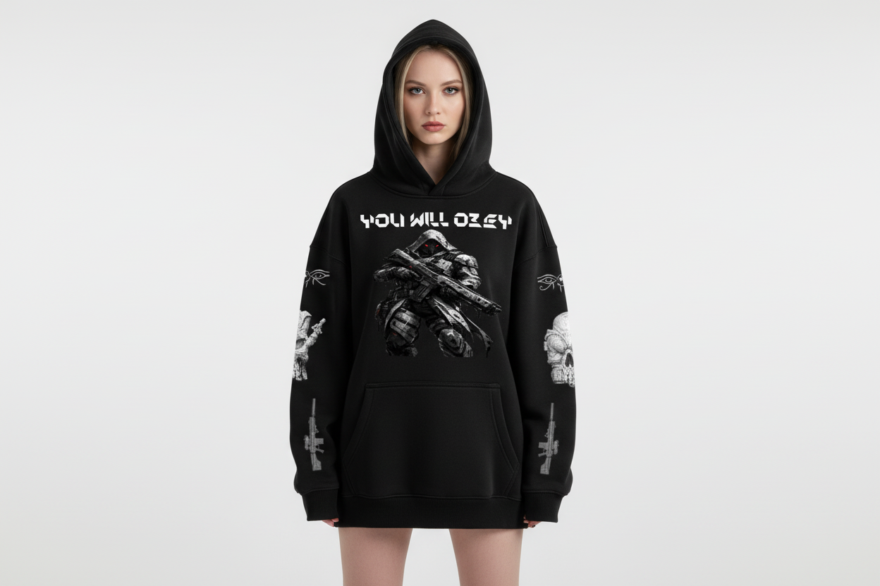 White female wearing YOU WILL OBEY hoodie