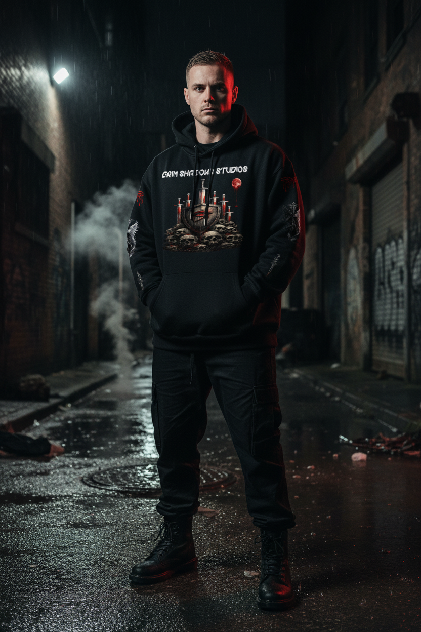 White male model wearing BLADES UNDER A BLOOD MOON hoodie