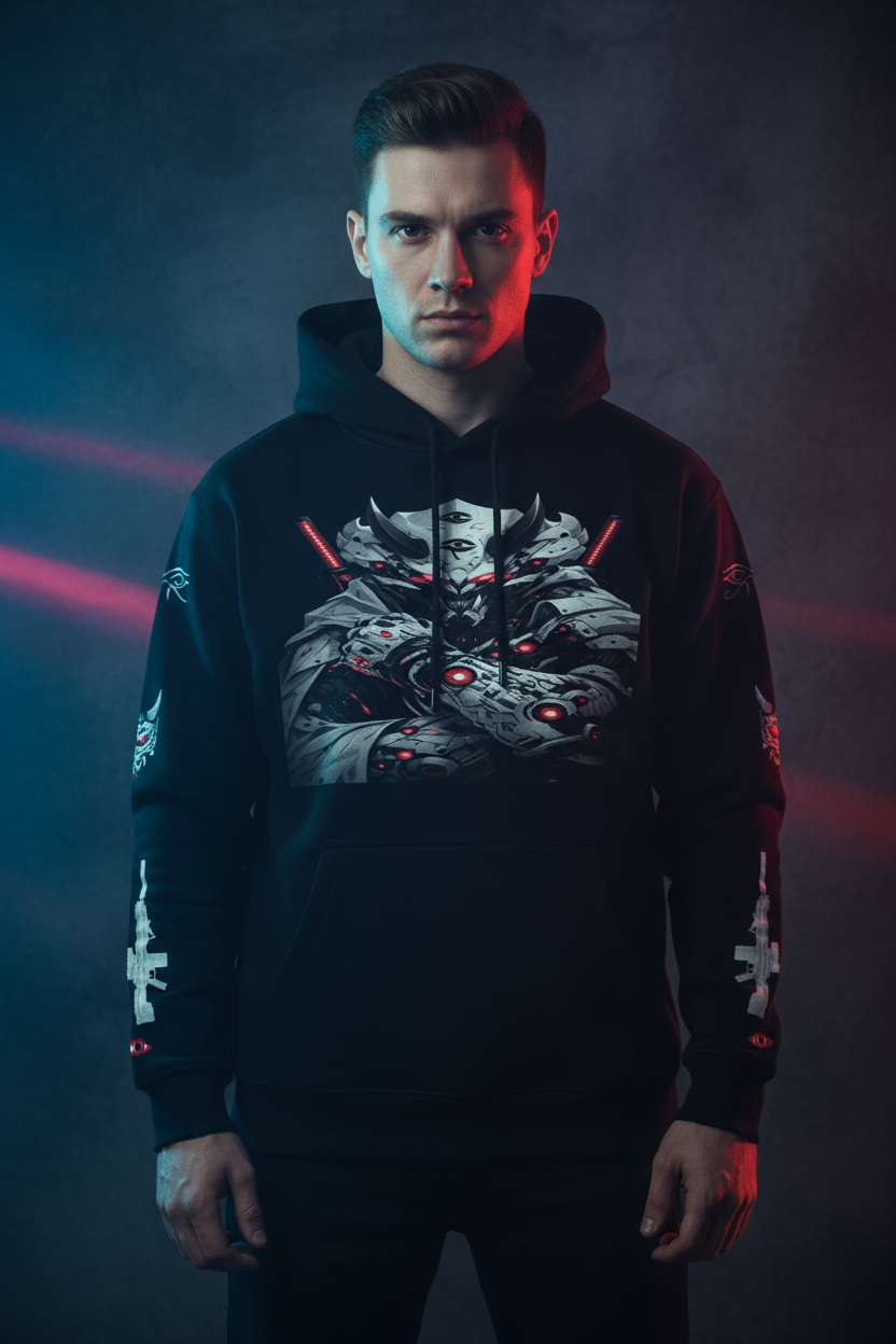 White male model wearing Grim Shadows hoodie