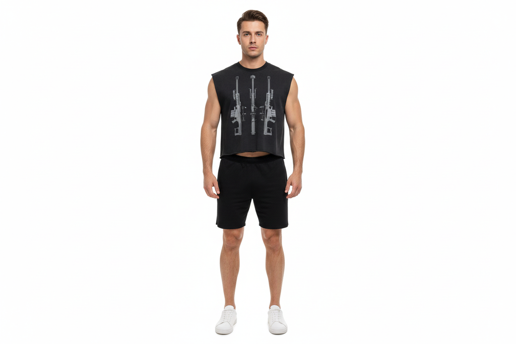 White male wearing BLACK ARROW ARMS tank top