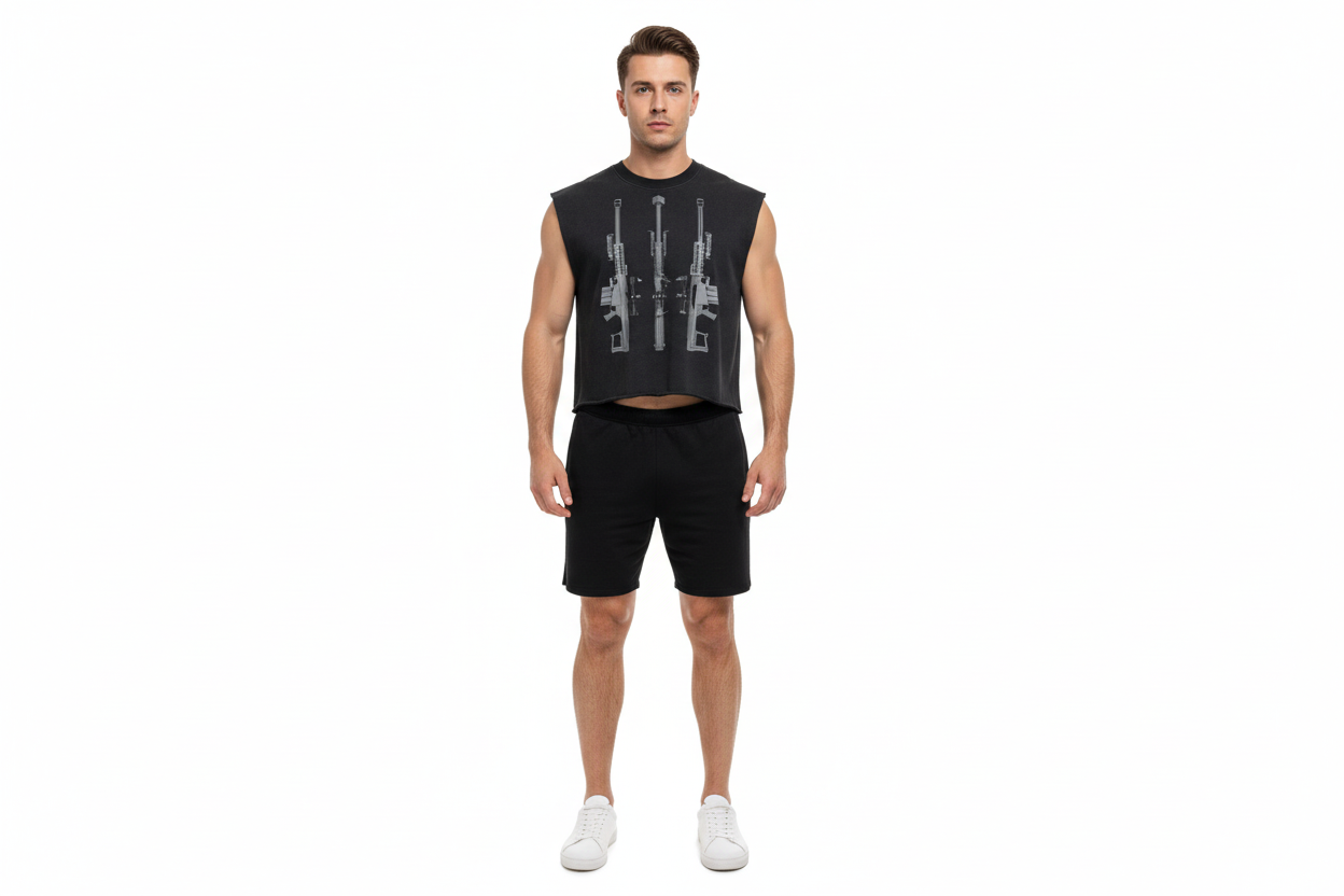 White male wearing BLACK ARROW ARMS tank top