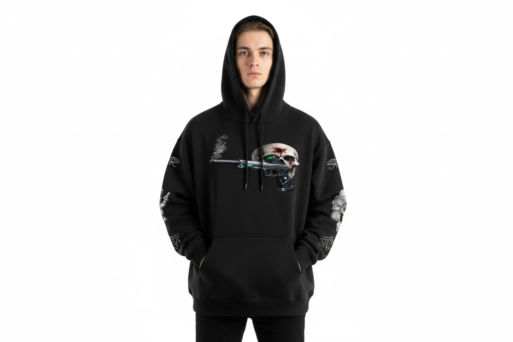 White male wearing BULLSEYE hoodie