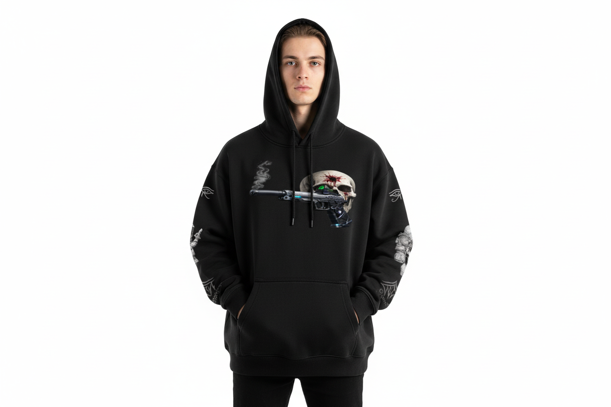 White male wearing BULLSEYE hoodie