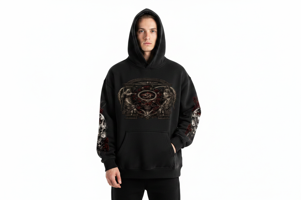 White male wearing DEATH AND THE GRIM EYE hoodie