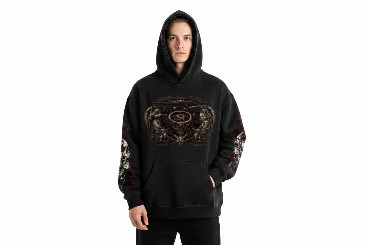 White male wearing DEATH AND THE GRIM EYE hoodie