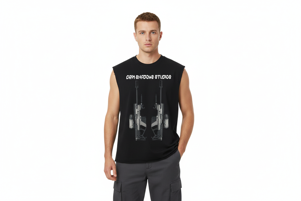 White male wearing ONI SNIPER RIFLE tank top