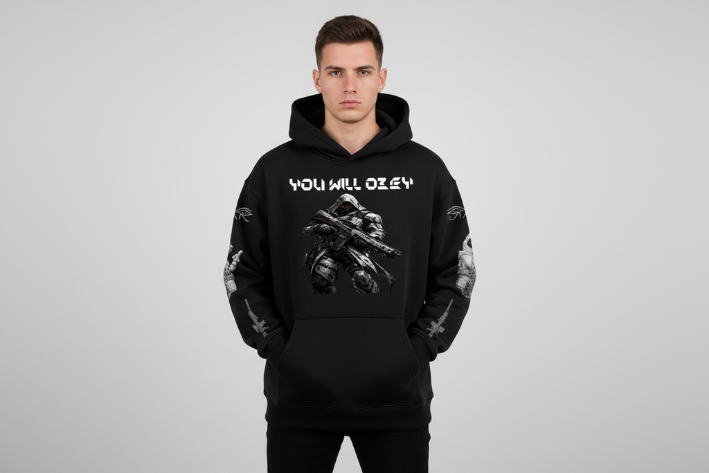White male wearing YOU WILL OBEY hoodie